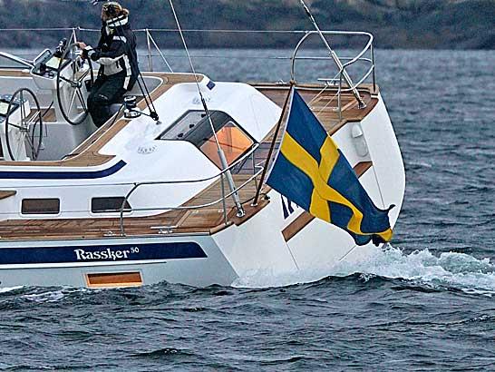 Early teaser shots of the new Hallberg-Rassy 50 in the water
